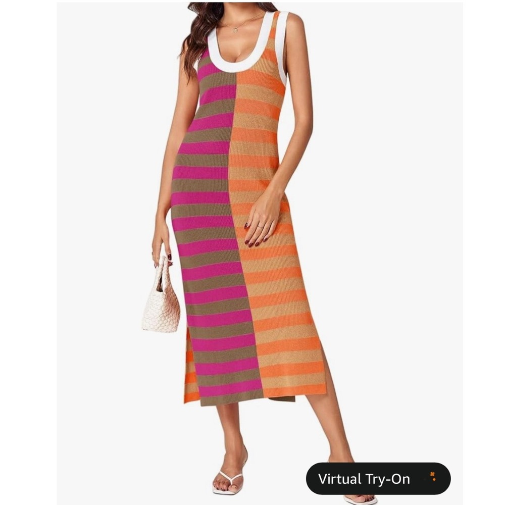 Boutique Striped Knit Maxi Dress Pink Orange Colorblock Side Slit Tank Medium